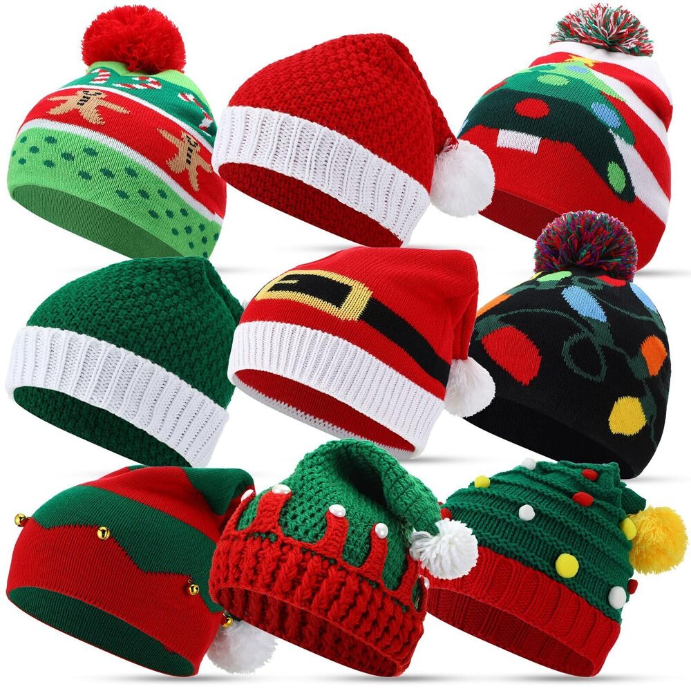 5964 9 Pcs Christmas Hats Knitted Santa Hat Elf Beanie for Adults Winter